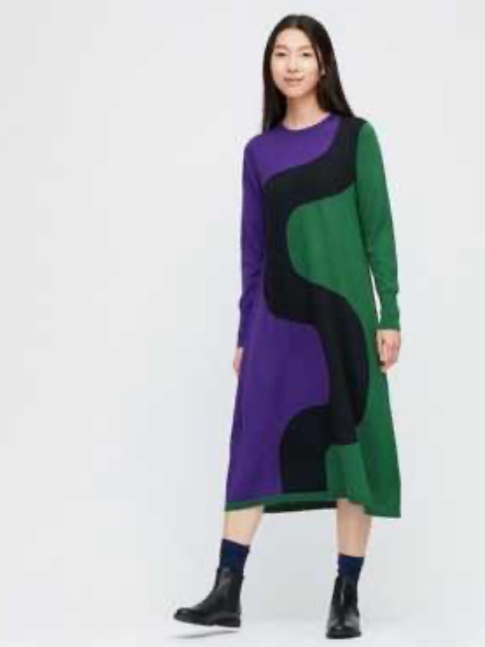 Marimekko x UNIQLO Wool Blend Sweater Dress Purple Green Black Swirls Size XXS